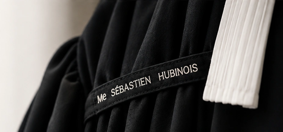 Illustration d’une robe d’avocat noire, d’un rabat blanc et d’un ruban au nom de Sébastien Hubinois.